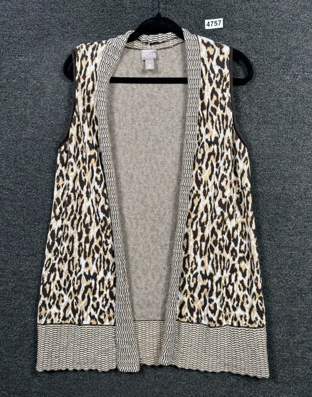 Chico's Leopard Print Open Front Duster Sweater Vest Womens Size 1 US M Brown